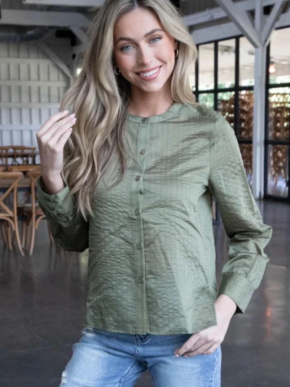 Sanctuary Dark Olive Textured Button-Down Top